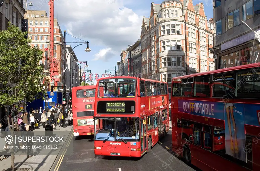 Traffic on Oxford Street, double-decker buses, London, England, United Kingdom, Europe