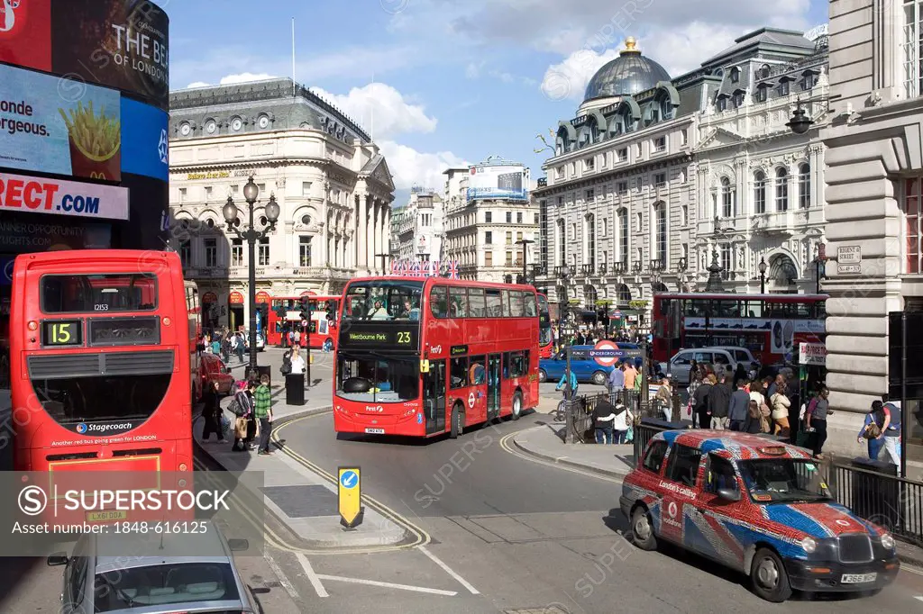 Traffic at Piccadilly Circus, double-decker buses, taxi, London, England, United Kingdom, Europe