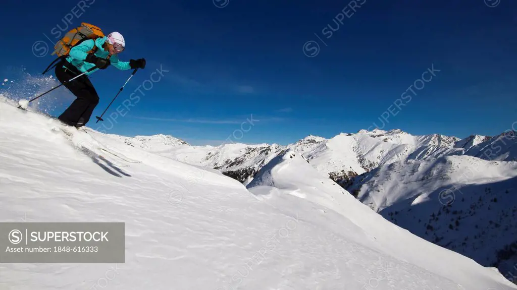 Skier on a snow cornice, Tux Alps, Tyrol, Austria, Europe