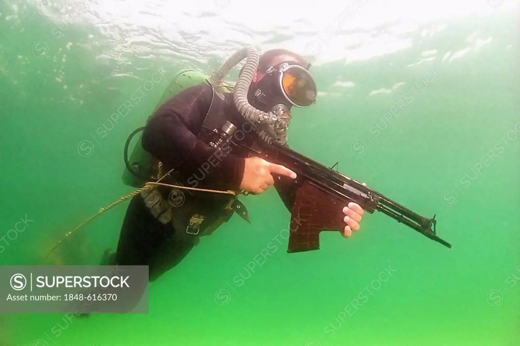 Military diver, gun, Black Sea, USSR, historical photo, 1989