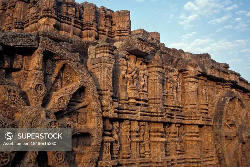 Wheels carved from stone, chariot of the Vedic sun god Surya, Surya Temple or Sun Temple, UNESCO World Heritage Site, Konarak, Konark, Orissa, East In...