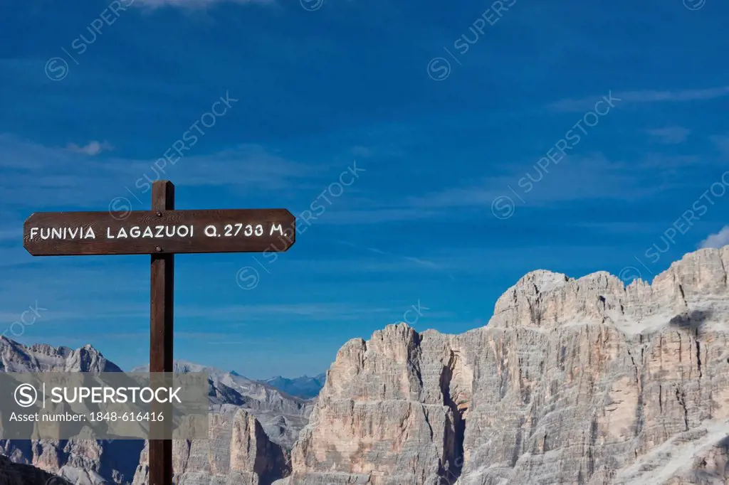 Sign, Funivia Lagazuoi, cable car, Falzarego Pass, Dolomites, Italy, Europe