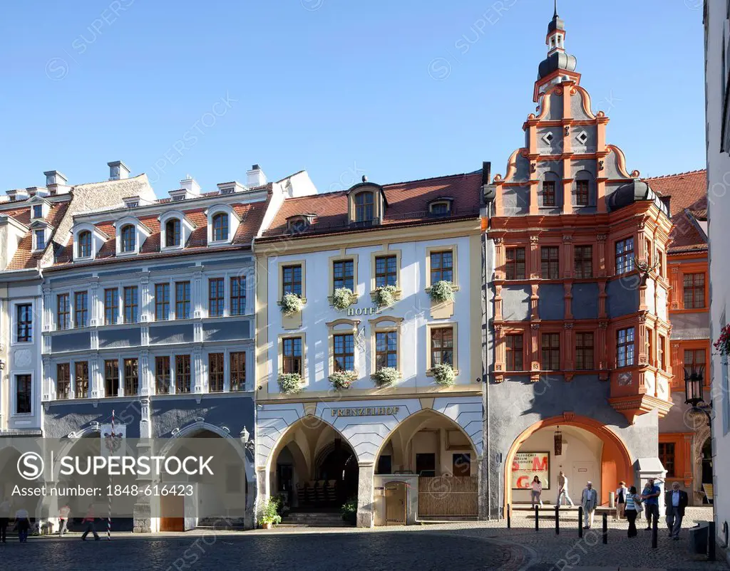 Silesian Museum in Goerlitz, formerly called Schoenhof, historic houses on Untermarkt square, arcade, Goerlitz, Upper Lusatia, Lusatia, Saxony, German...