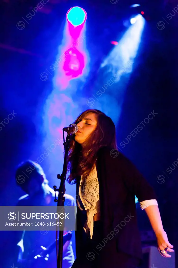 Sara P Cremona, singer and front woman of the Greek band Keep Shelly in Athens, playing live at Treibhaus Lucerne, Switzerland, Europe