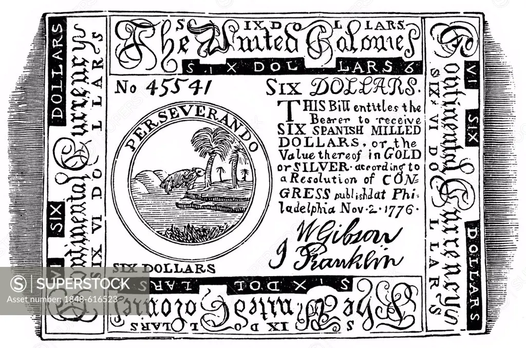 Historical drawing from the U.S. history of the 18th century, a Continental Dollar, first currency of the U.S. which the Continental Congress introduc...
