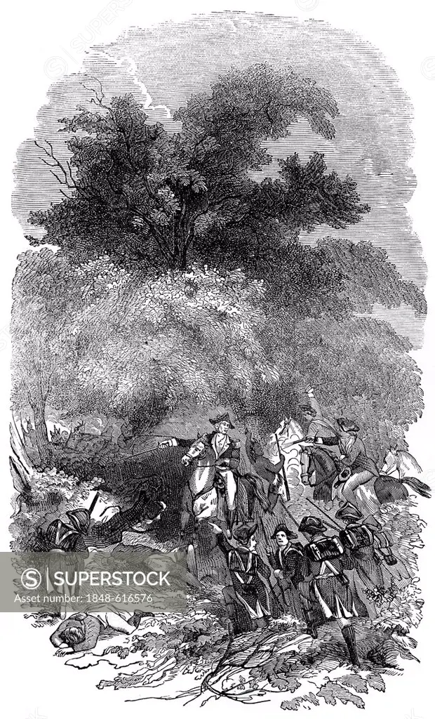 Historical drawing from the U.S. history of the 18th century, the Battle of Fallen Timbers between North American Indians and troops of the United Sta...