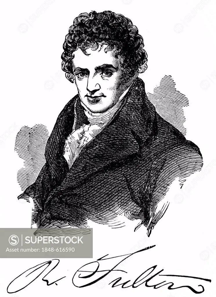 Historical drawing from the U.S. history of the 18th and 19 century, portrait of Robert Fulton, 1765 - 1815, an engineer who built steamboats and the ...