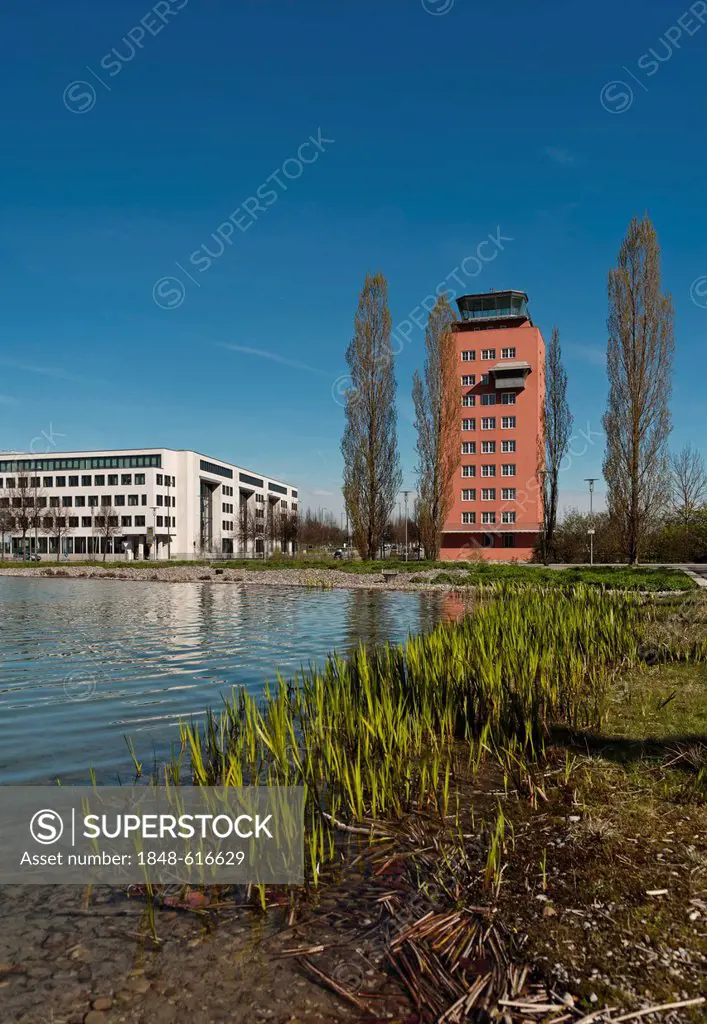 Tower, building of the former Munich-Riem Airport near the ICM in Munich, Bavaria, Germany, Europe