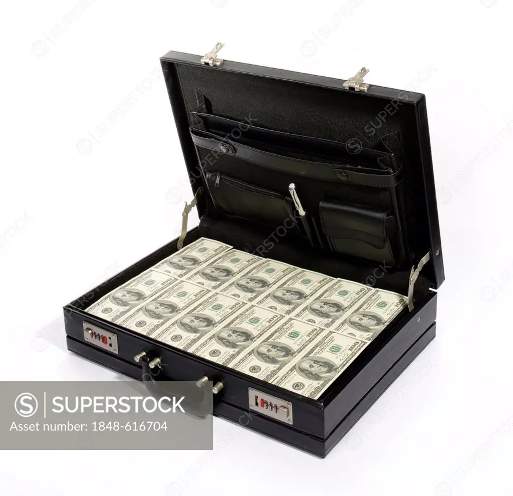 100-dollar bills in a briefcase, suitcase of money