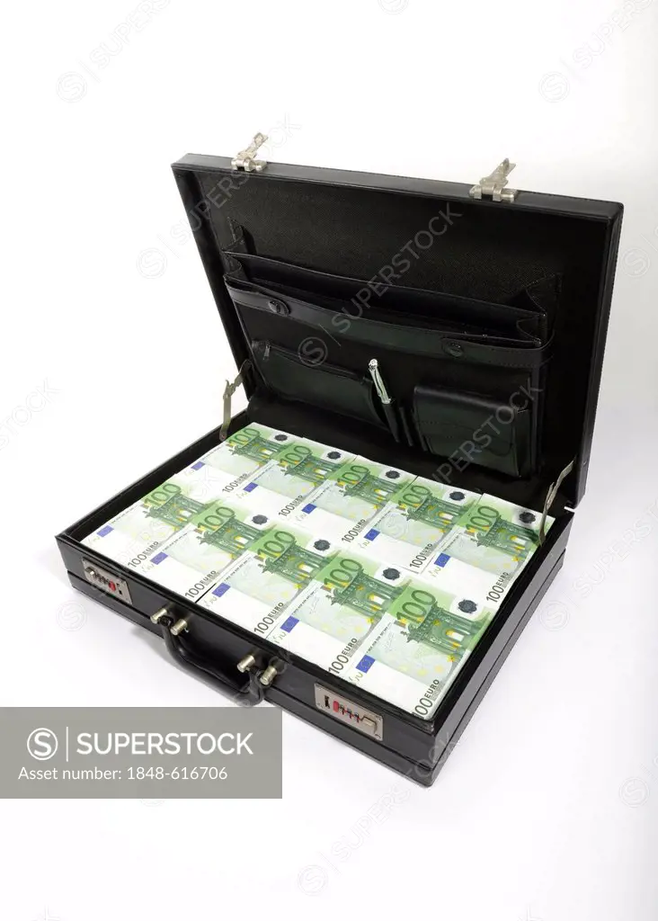 100-euro banknotes in a briefcase, suitcase of money