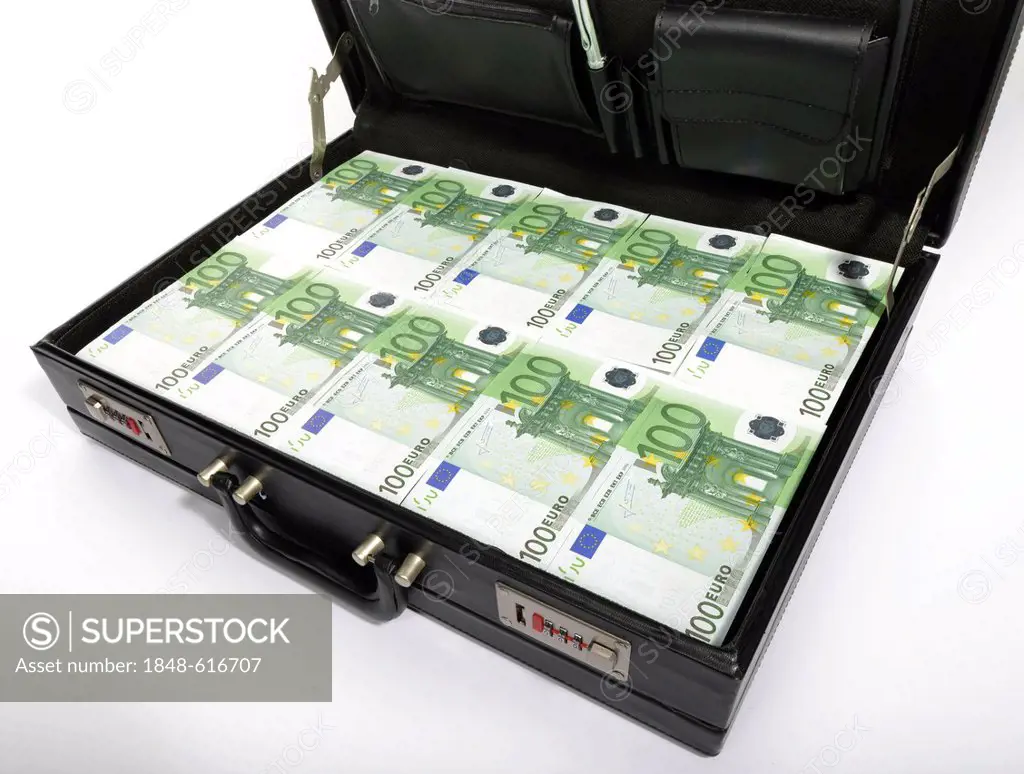 100-euro banknotes in a briefcase, suitcase of money