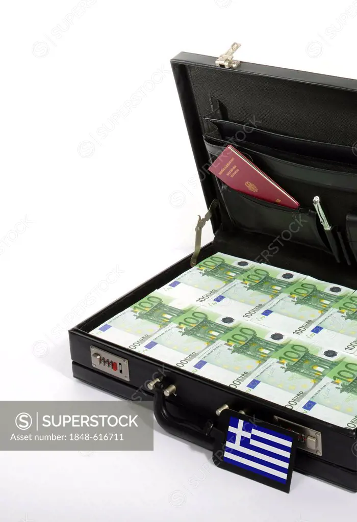 Symbolic image for European countries at risk, 100-euro banknotes in a briefcase, suitcase of money, luggage tag with a Greek national flag, German pa...