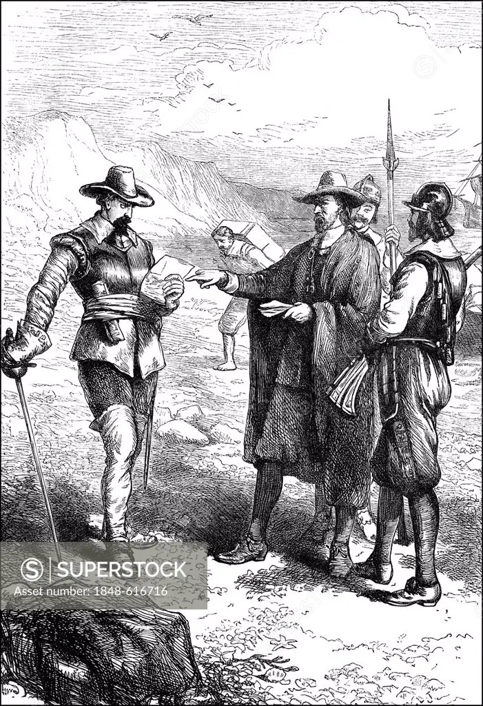 Historical scene from the U.S. history of the 17th century, landing of Samuel Gorton, 1593 - 1677, an early settler and leader of the colony of Rhode ...