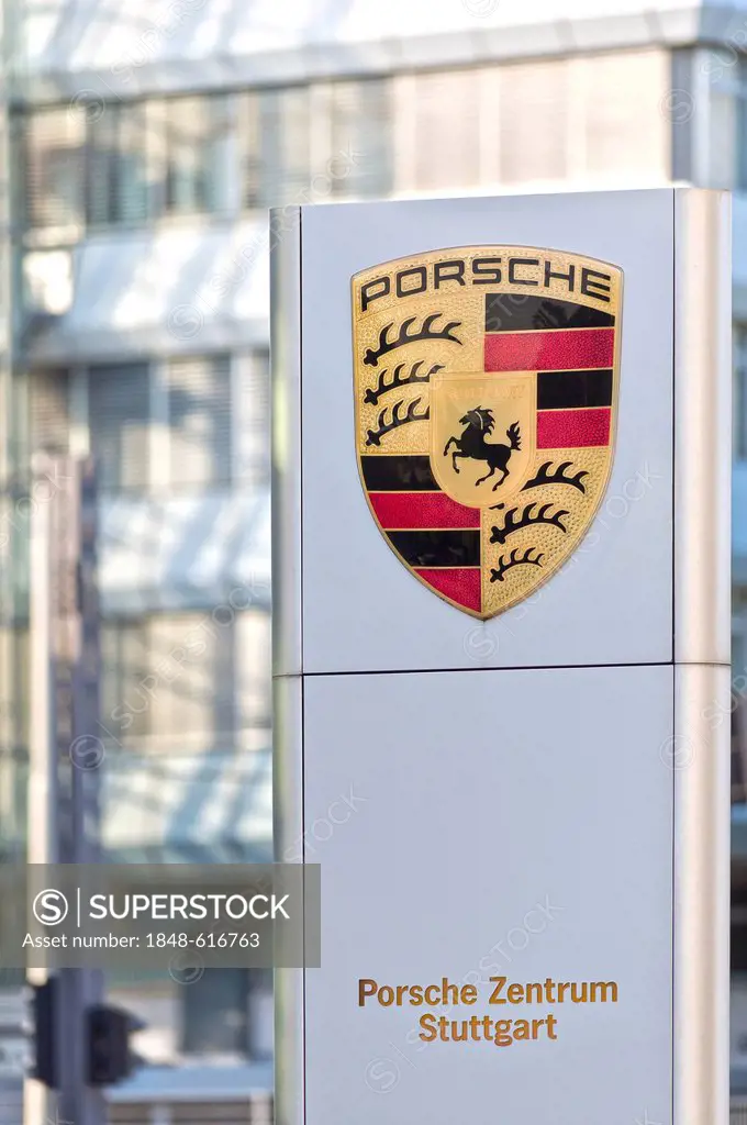 Board with the Porsche company logo, Porsche Centre, factory building, Stuttgart-Zuffenhausen, Baden-Wuerttemberg, Germany, Europe