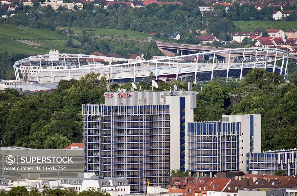 SWR building, television company, Mercedes-Benz Arena, stadium of VfB Stuttgart football club, Stuttgart, Baden-Wuerttemberg, Germany, Europe