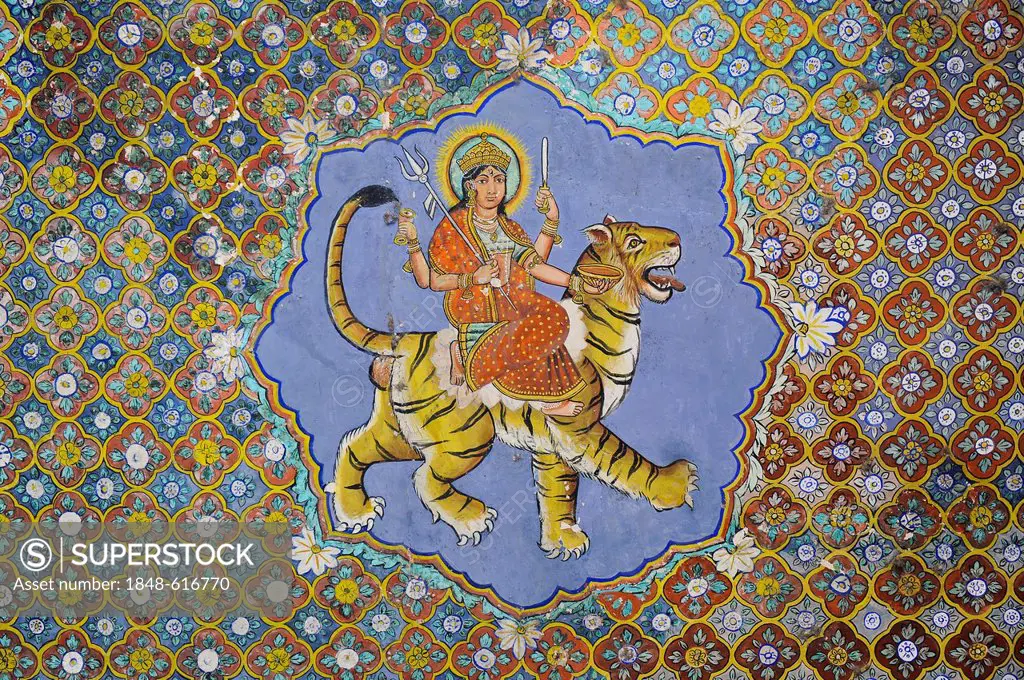 Mural, Kota-School, Hindu goddes Durga riding a tiger, Old Palace, Maharao Madho Singh Museum, Kota, Rajasthan, India, Asia