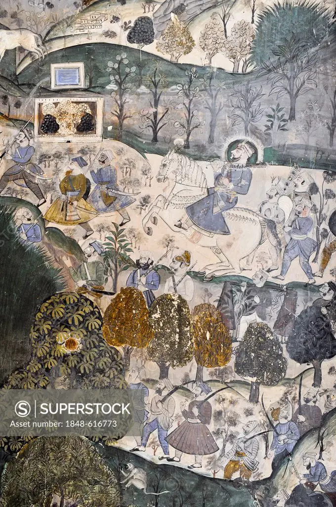 Hunting party, jungle, animals, mural, Kota-School, Old Palace, Maharao Madho Singh Museum, Kota, Rajasthan, India, Asia