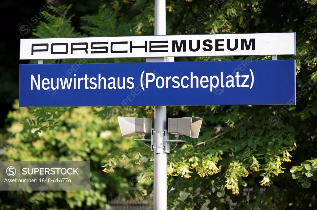 Urban railway stop, Porsche-Museum, Neuwirtshaus Porscheplatz, Stuttgart-Zuffenhausen, Baden-Wuerttemberg, Germany, Europe