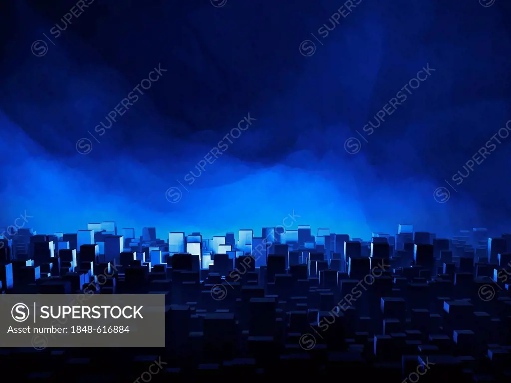 Abstract skyline of a large city against a blue, hazy night sky, 3D illustration