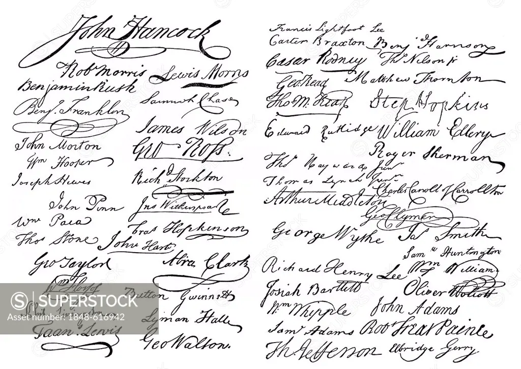 Facsimile of the signatures of the Declaration of Independence of the United States of America or The Unanimous Declaration of The Thirteen United Sta...