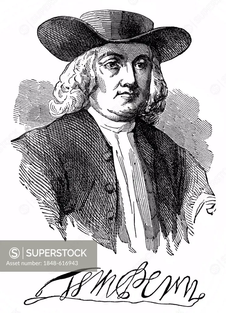 Historical drawing from the U.S. history of the 17th and 18th century, portrait of William Penn, 1644 - 1718, founded the colony of Pennsylvania in wh...
