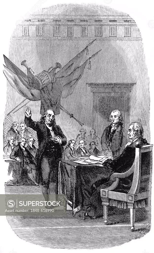 Historical drawing from the U.S. history of the 18th century, Benjamin Franklin speaks at the National Convention