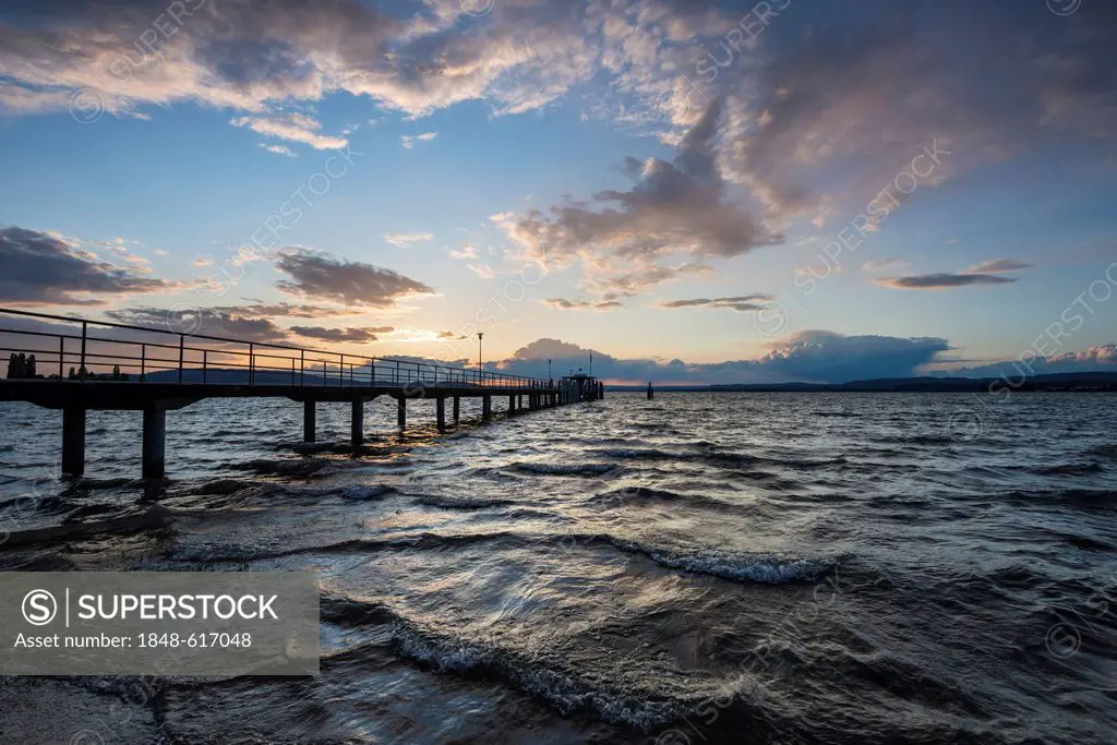 Moody evening light at the jetty of Mannenbach, Lake Constance, Canton Thurgau, Switzerland, Europe