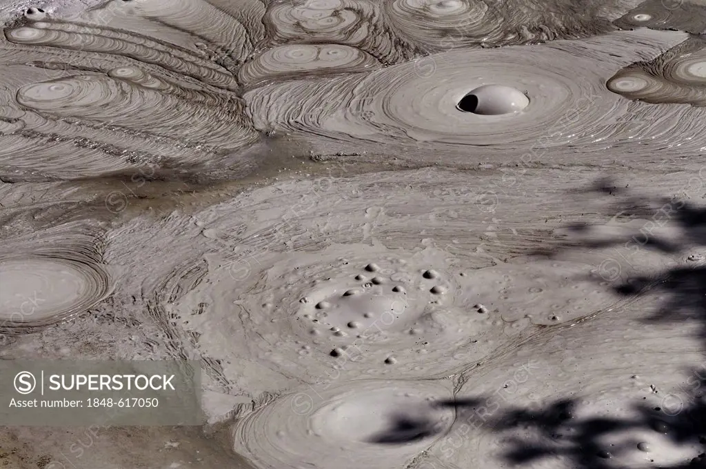 Boiling mud pools with vapour bubbles, Guanacaste province, Rincon de la Vieja National Park, Costa Rica, Central America