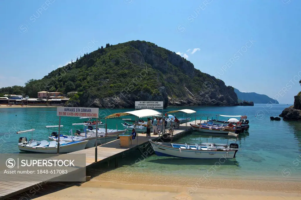 Jetty for tour boats at Paleokstritsa, Corfu, Ionian Islands, Greece, Europe