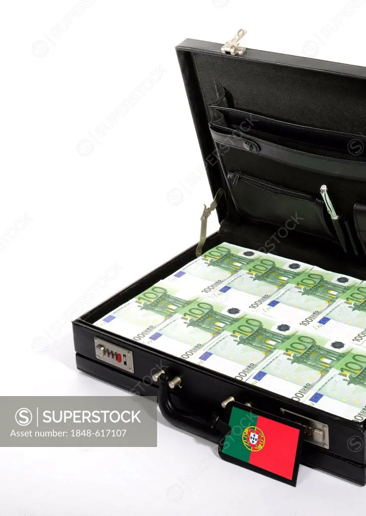 Symbolic image for European countries at risk, 100-euro banknotes in a briefcase, suitcase of money, luggage tag with a Portuguese national flag