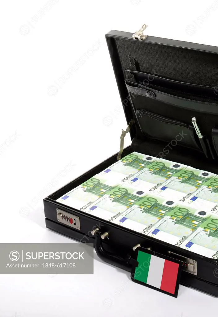 Symbolic image for European countries at risk, 100-euro banknotes in a briefcase, suitcase of money, luggage tag with a Italian national flag