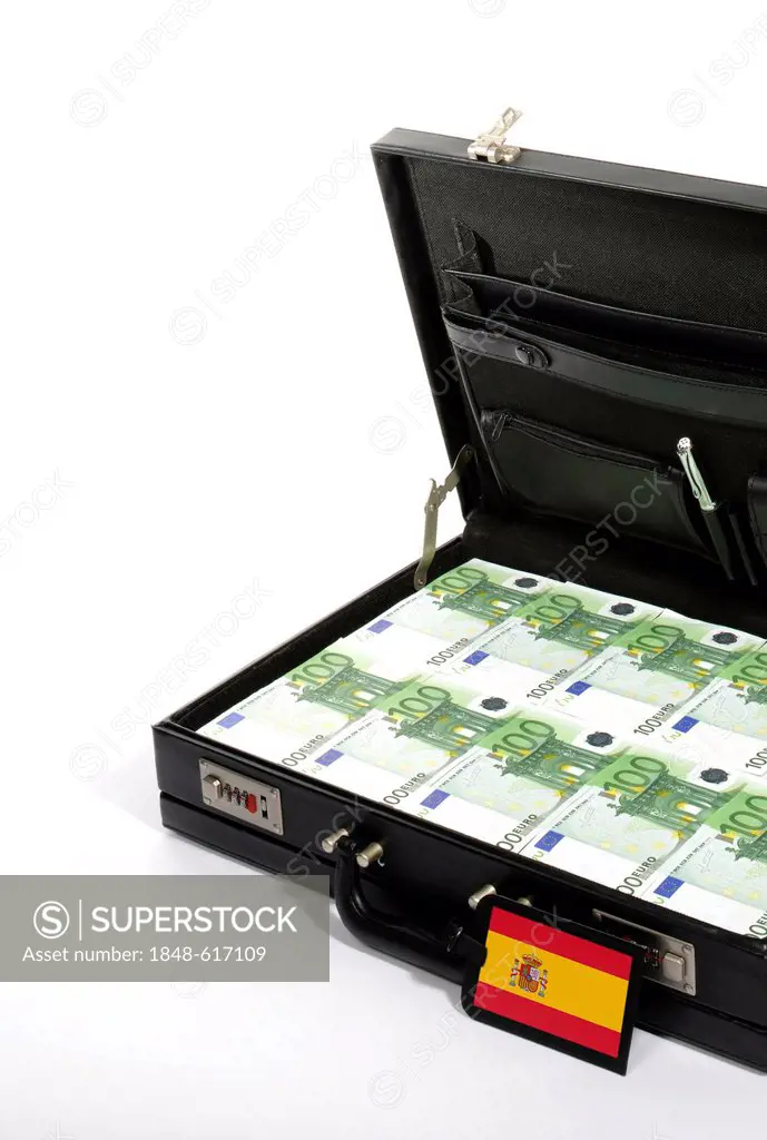 Symbolic image for European countries at risk, 100-euro banknotes in a briefcase, suitcase of money, luggage tag with a Spanish national flag