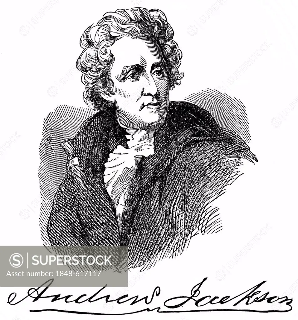 Historical drawing from the U.S. history of the 18th and 19th century, portrait of Andrew Jackson 1767 - 1845, seventh President of the United States