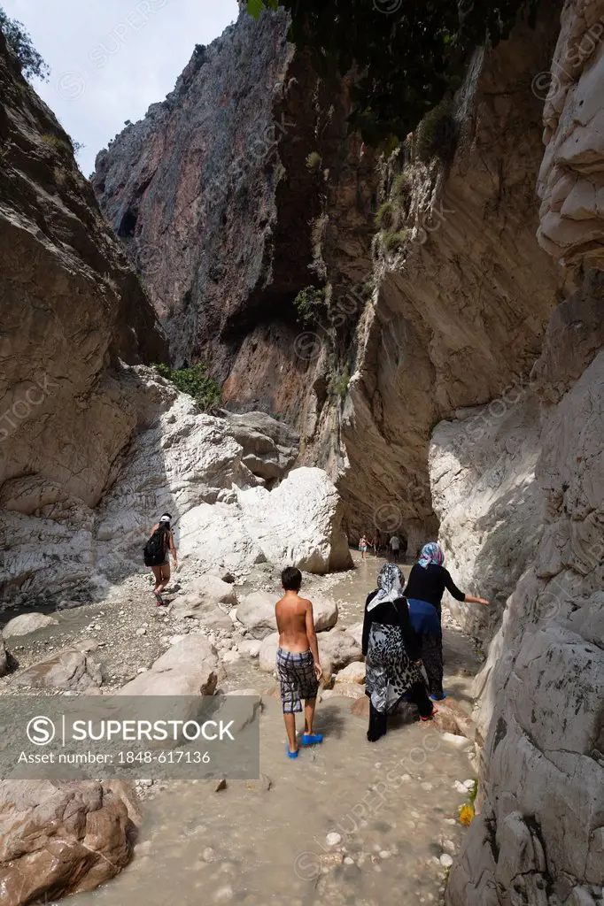 Tourists at Saklikent Gorge near Tlos and Fethiye, Lycian coast, Lycia, Mediterranean, Turkey, Asia Minor
