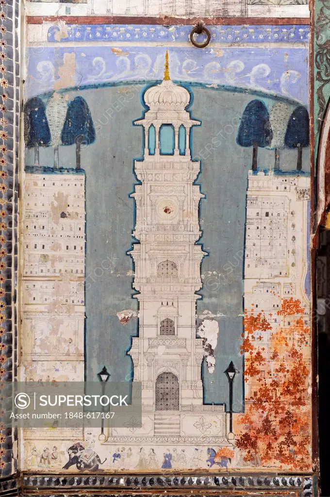 Tower, mural, Kota-School, Old Palace, Maharao Madho Singh Museum, Kota, Rajasthan, India, Asia