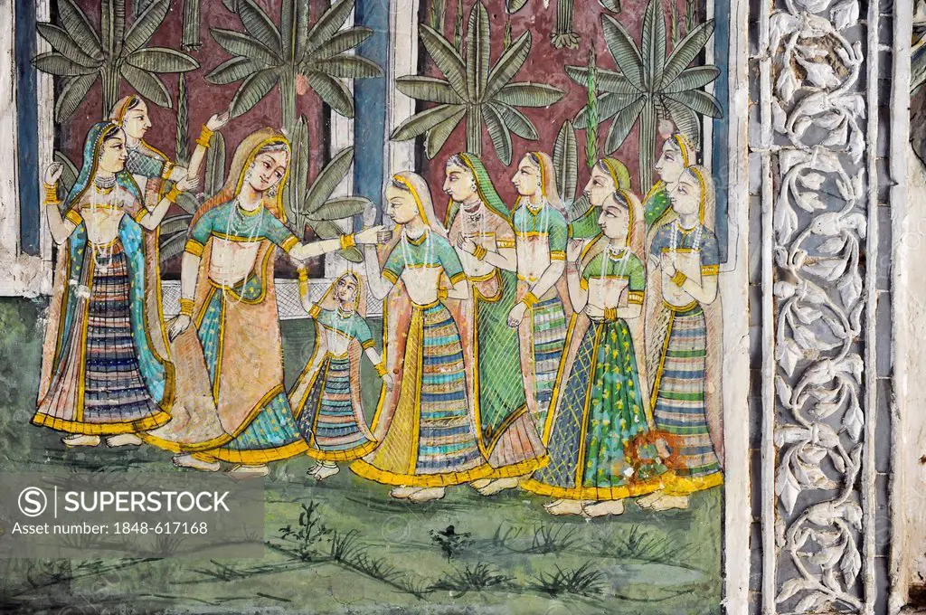 Noble women in the garden, mural, Kota-School, Old Palace, Maharao Madho Singh Museum, Kota, Rajasthan, India, Asia