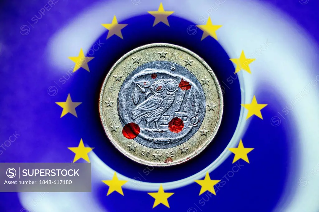 Greek euro coin with drops of blood, symbolic image for the Greek debt crisis
