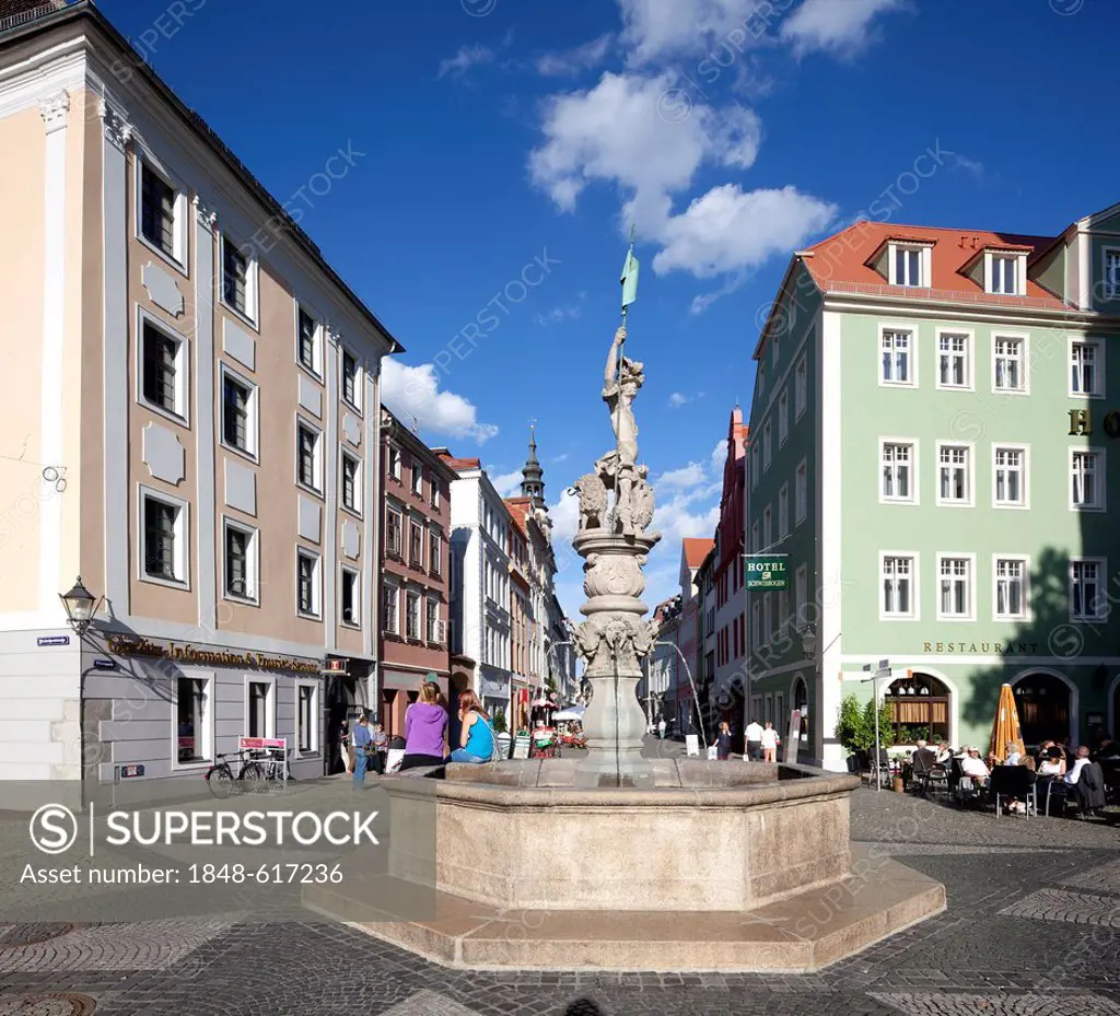 Georgsbrunnen well, historic residential and commercial buildings, Obermarkt square, Goerlitz, Upper Lusatia, Lusatia, Saxony, Germany, Europe, Public...