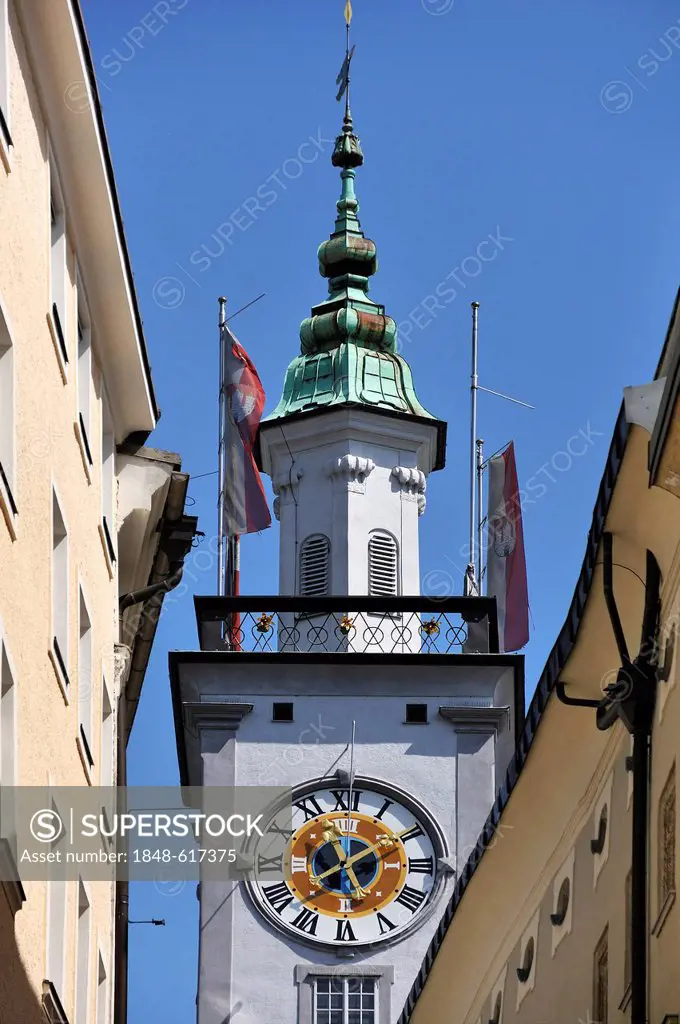 Tower of the Town Hall with the clock, Rathausplatz square, Salzburg, Austria, Europe