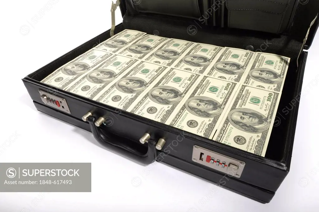 100-dollar bills in a briefcase, suitcase of money