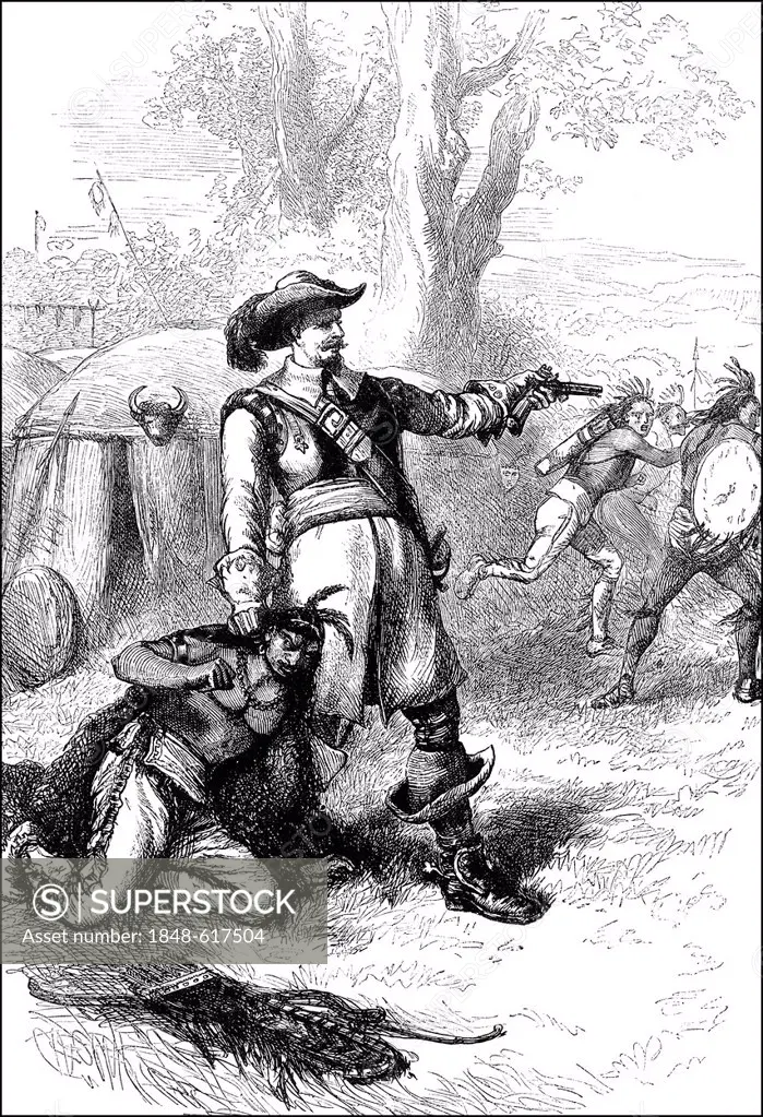 Historical scene from the U.S. history of the 17th century, Colonel William Atherton is fighting Native Americans, New England, USA, 1660