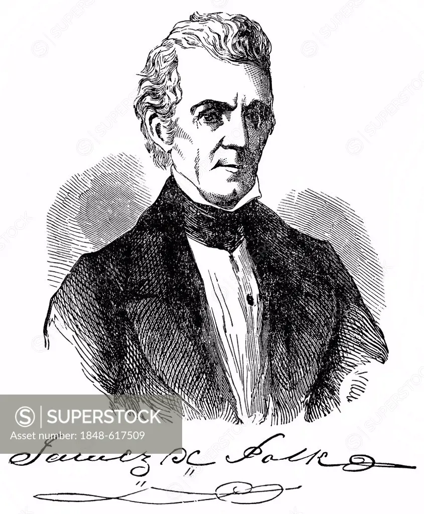 Historical drawing from the U.S. history of the 19th century, portrait of James Knox Polk, 1795 - 1849, eleventh President of the United States