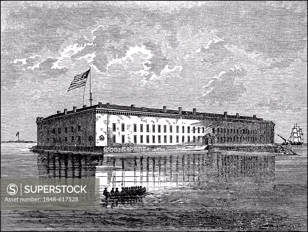 Historical drawing from the U.S. history of the 19th century, Fort Sumter on an artificial island in the bay of Charleston, South Carolina, site of th...
