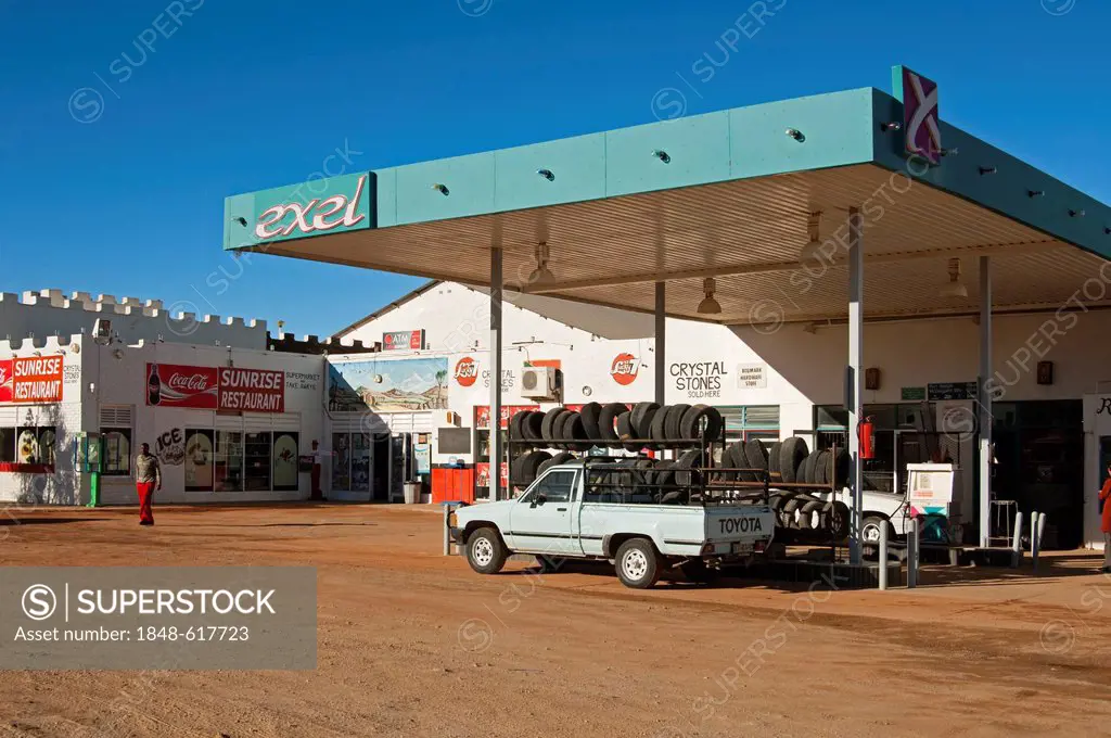 Exel petrol station on National Road N7 in Steinkopf, Northern Cape province, South Africa, Africa