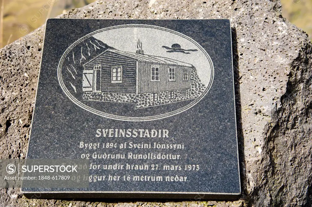 Plaque at the Eldfell lava field, town of Vestmannaeyjar, Heimaey Island, Westman Islands, south Iceland or Suðurland, Iceland, Europe