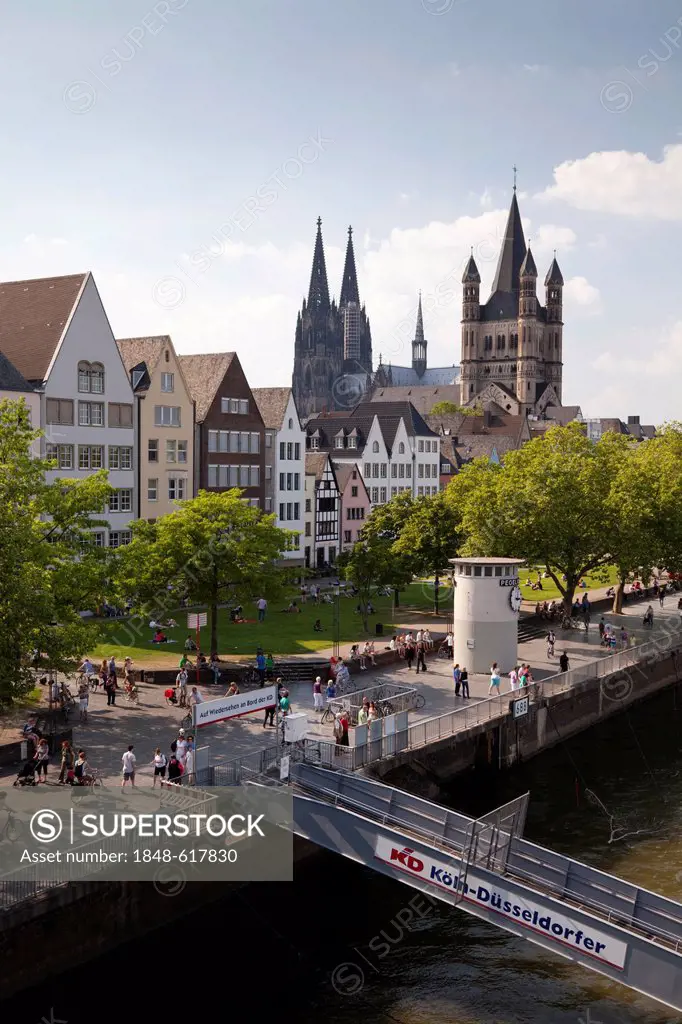 Bank of the Rhine river and the historic district, Great St. Martin Church and Cologne Cathedral, Cologne, Rhineland, North Rhine-Westphalia, Germany,...