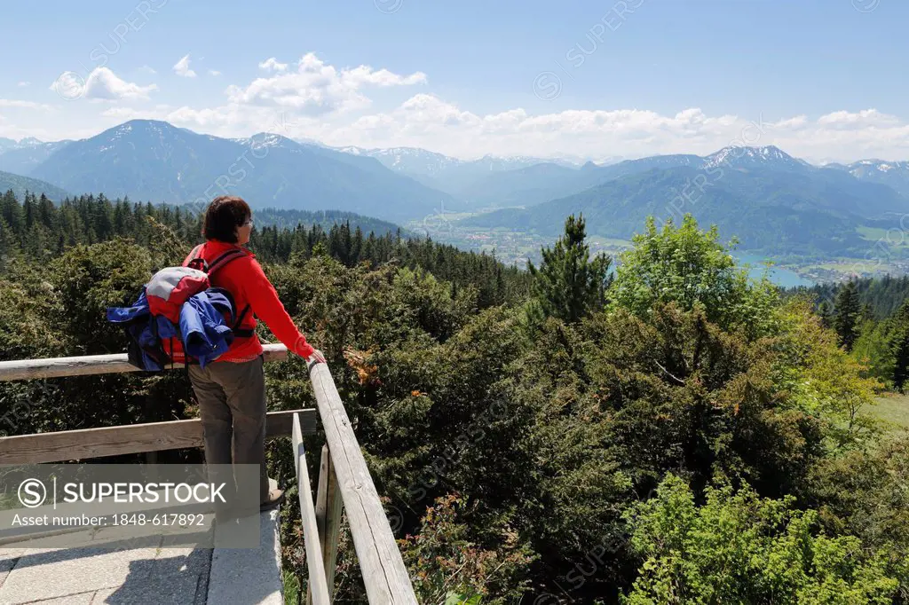 Tourist with views from Neureuth-Haus above Tegernsee, Neureuth, Tegernsee Valley, Mangfall Mountains, Bavarian Prealps, Upper Bavaria, Bavaria, Germa...