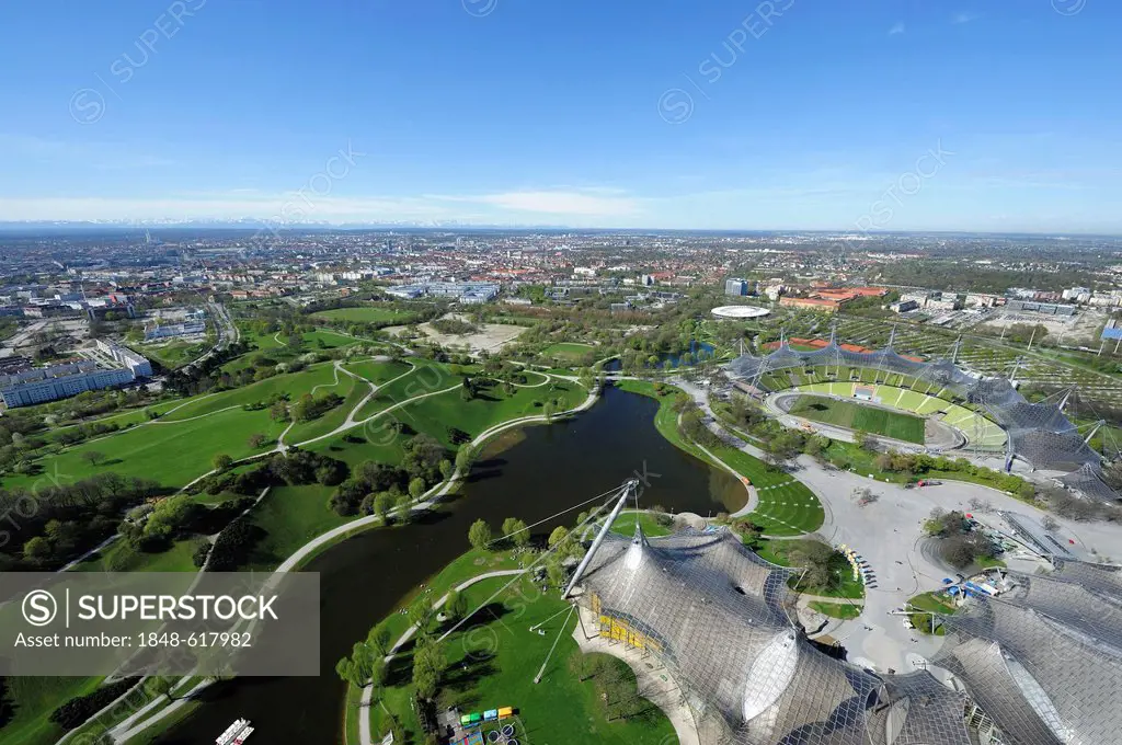View from the TV tower, Olympiaturm tower to Olympiapark and the Olympic Stadium, Munich, Bavaria, Germany, Europe