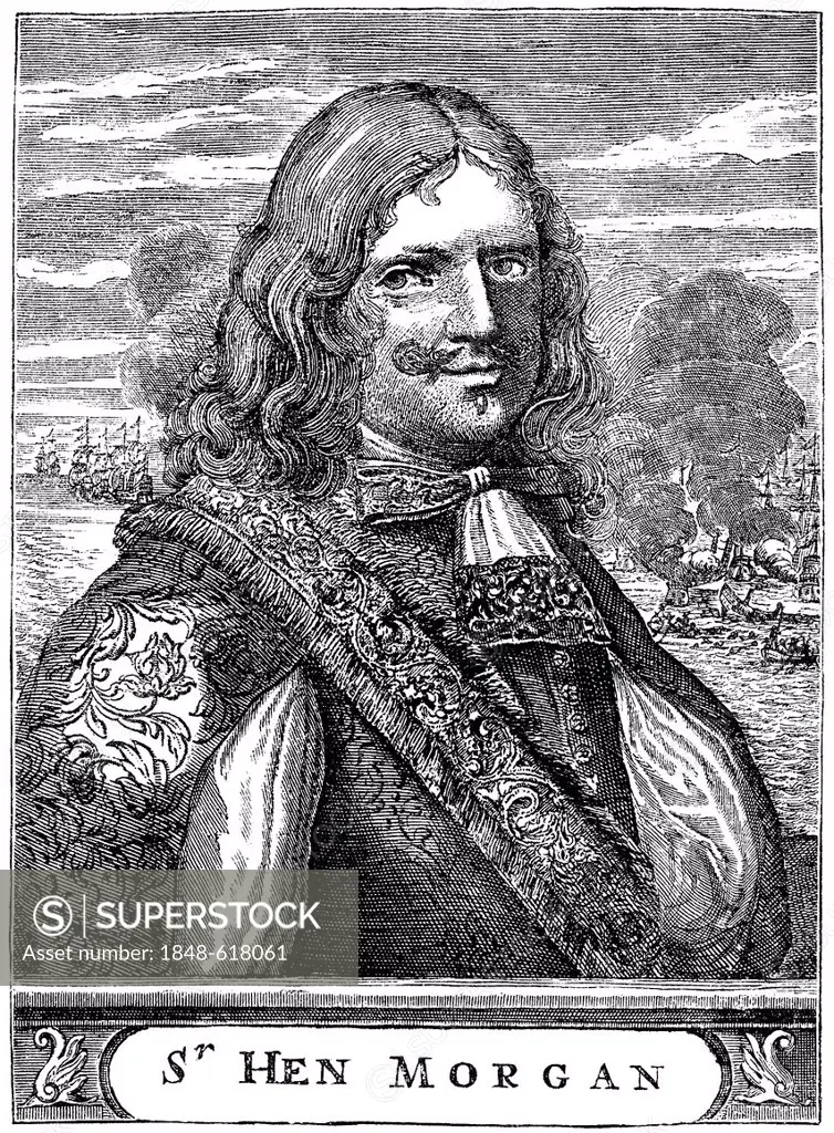 Historical drawing, US-American history, portrait of Sir Henry Morgan, around 1635 - 1688, an English buccaneer of the 17th century
