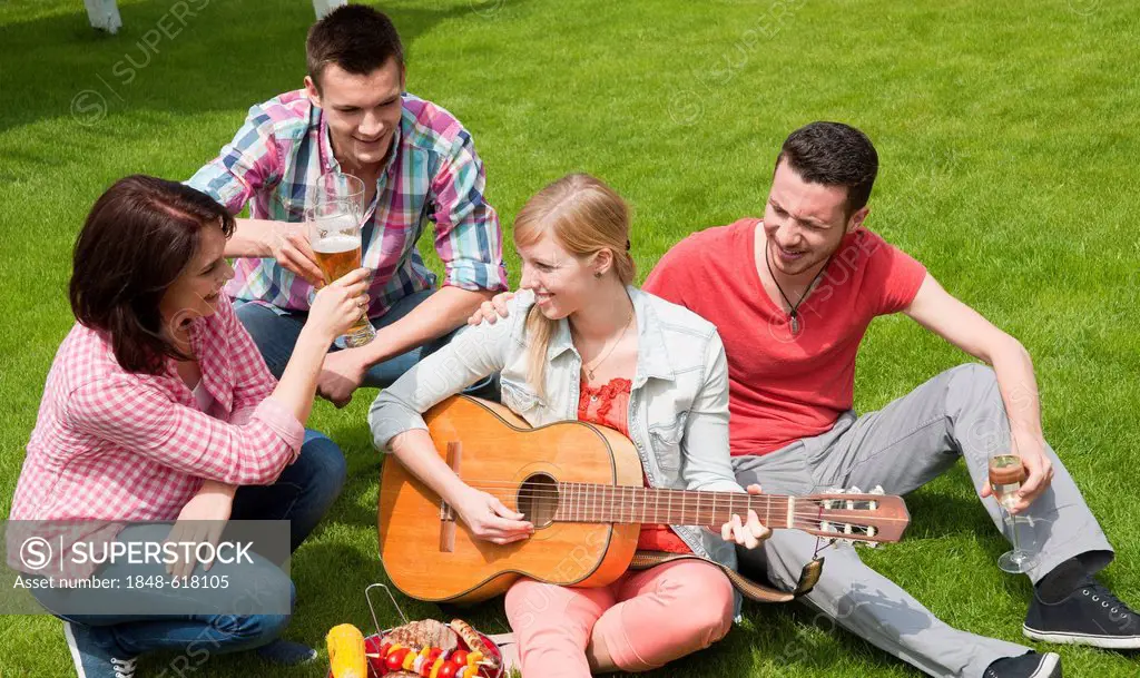 Group of young people at a barbecue with beer and a guitar in the garden
